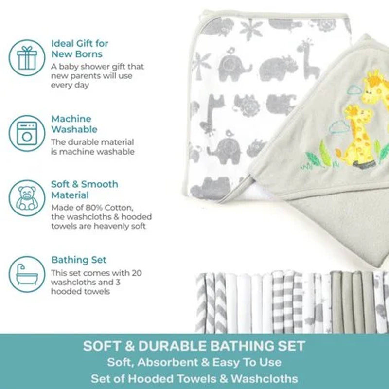 Juego De Toallas Con Capucha Para Baño Y Paños Para Bebés, Juego De Regalo De 23 Piezas, Jirafa Gris