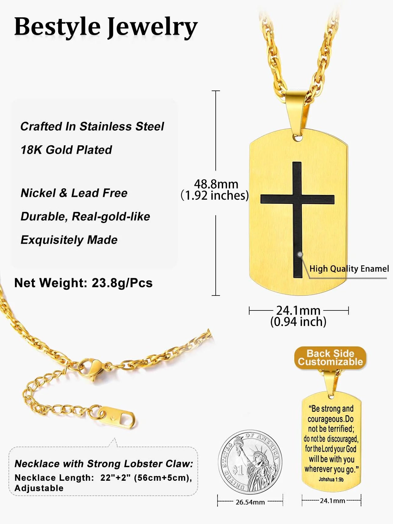 Men'S Gold Plated Cross Necklace Stainless Steel Dog Tag Necklace Christian Serenity Prayer Necklace Inspirational Jewelry Gift